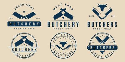 set of butcher knife logo vintage, butchery meat shop illustration design template vector