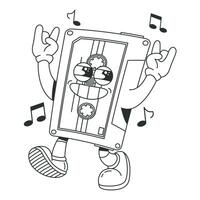 Retro cassette tape character. Black and white illustration for coloring book vector