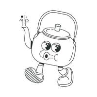 Happy kettle retro character. Black and white illustration for coloring book vector