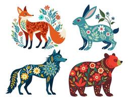 Forest animals with floral pattern. vector