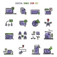 Remote work, digital nomad, work from Home lifestyle outline color collection icon set. vector