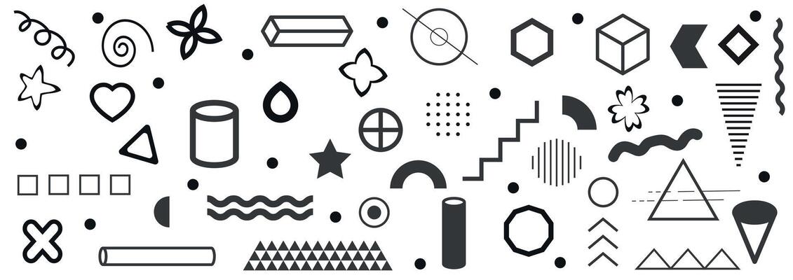 Memphis Geometric shapes. Monochrome retro elements for web, vintage, advertisement, commercial banner, poster, leaflet, billboard, sale. Collection trendy halftone geometric shapes.