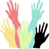 Raising colorful hands, which is a symbol of unity, cultural, and racial diversity vector