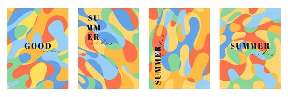 Creative concept of summer bright and juicy cards set. Modern abstract art design with liquid shapes with overlay effect. Templates for celebration, ads, branding, banner, cover, label, poster, sales vector