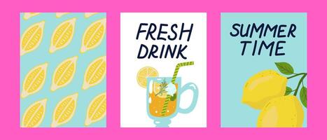 set of bright summer posters. Posters with lemon, lemon slice, lemonade and lemon branch. vector