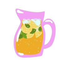 Hand drawn jug of fresh home made lemonade with lemon slice and mint. vector