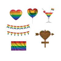 conjunto de orgullo día elementos. colección de fiesta decoraciones en arco iris colores y corazón conformado de madera letrero vector