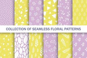 Collection of bright color seamless floral patterns - drawing design. Repeatable spring nature delicate backgrounds with branches and flowers. Textile endless prints vector