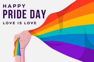 happy pride day background with a hand holding rainbow flag vector