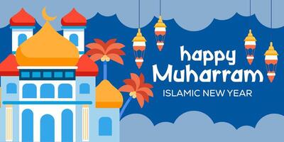 flat design happy muharram islamic new year horizontal banner illustration vector