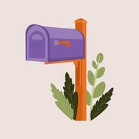 A bright mailbox on a wooden post overgrown with tall grass. vector