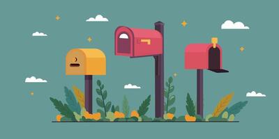 A set of three mailboxes. Standing on a lawn with grass on the background of blue sky. vector