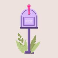 Illustration of a closed mailbox standing on a piece of tall green grass. Front view. vector