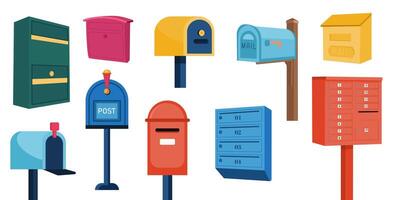 A set of brightly colored mailboxes with a slot for newspapers and letters. For apartments. Mailbox with inscription mail. vector