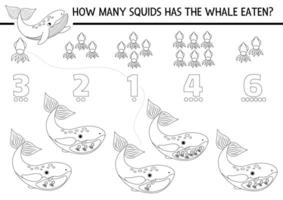 Match the numbers under the sea black and white game with whale eating squid. Ocean life line math activity for kids. Marine educational counting worksheet, coloring page with water animals vector