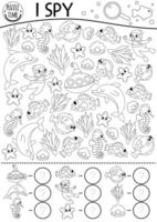 Under the sea black and white I spy game for kids. Searching and counting line activity with fish, diver, submarine, starfish, dolphin. Ocean life printable worksheet. Simple water coloring page vector