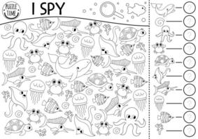 Under the sea black and white I spy game for kids. Searching and counting line activity with fish, whale, octopus, crab, turtle, jellyfish. Ocean life printable worksheet. Simple water coloring page vector