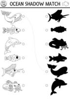 Under the sea black and white shadow matching activity with fish. Ocean line puzzle with cute whale, dolphin, shark. Find correct silhouette printable worksheet. Water animals coloring page vector