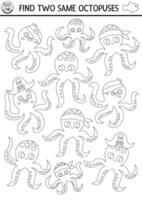 Find two same water animals. Under the sea black and white matching activity for children. Ocean life line educational worksheet for kids. Simple printable coloring page with cute pirate octopuses vector