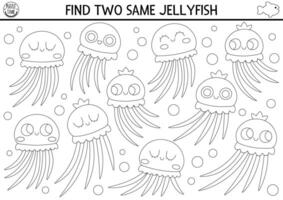 Find two same water jellyfish. Under the sea black and white matching activity. Ocean life line educational quiz worksheet for kids. Simple printable coloring page with cute water animals vector