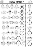 How many water animals black and white game, equation or rebus. Under the sea line math activity, coloring page. Simple ocean life printable counting worksheet for kids with fish, crab, starfish vector