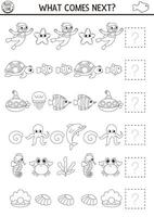 What comes next. Under the sea black and white matching activity for preschool kids with traditional ocean life coloring page. Water line adventures logical worksheet. Continue the row game vector