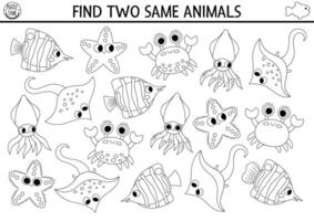 Find two same water animals. Under the sea black and white matching activity. Ocean life line educational quiz worksheet for kids. Simple printable coloring page with cute fish, crab, starfish vector