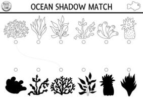 Under the sea black and white shadow matching activity. Ocean line puzzle with cute seaweeds. Find correct silhouette printable worksheet or game. Water plants coloring page for kids vector