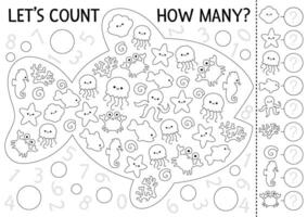 Under the sea black and white I spy game for kids in fish shape. Searching and counting line activity with fish, starfish, jellyfish. Ocean life printable worksheet. Simple water coloring page vector