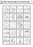 Find the odd one out. Under the sea black and white logical activity. Ocean life line educational quiz worksheet for kids for attention skills. Simple water animals coloring page vector