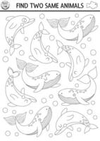 Find two same water animals. Under the sea black and white matching activity. Ocean life line educational worksheet for kids. Simple printable game, coloring page with whales and dolphins vector