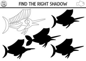 Under the sea black and white shadow matching activity. Ocean line puzzle with cute sailfish. Find correct silhouette printable worksheet. Water animal coloring page for kids with sail fish vector