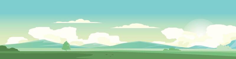 Landscape view of nature green meadow. Complex hills with a mountain background. Under warm sky and clouds. vector