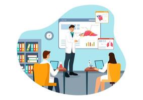 Medical School Illustration with Students Listening to a Lecture and Learning Science in a Classroom in a Flat Cartoon Style Background vector