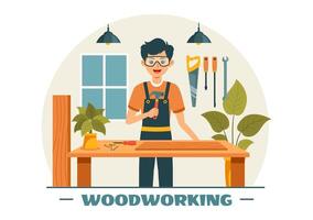 Woodworking Illustration featuring Modern Craftsmen and Workers Producing Furniture Using Tools, Presented in a Flat Cartoon Style Background vector