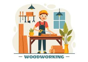 Woodworking Illustration featuring Modern Craftsmen and Workers Producing Furniture Using Tools, Presented in a Flat Cartoon Style Background vector