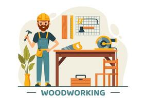 Woodworking Illustration featuring Modern Craftsmen and Workers Producing Furniture Using Tools, Presented in a Flat Cartoon Style Background vector