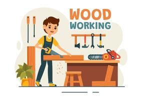 Woodworking Illustration featuring Modern Craftsmen and Workers Producing Furniture Using Tools, Presented in a Flat Cartoon Style Background vector