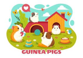 Guinea Pig Illustration Featuring Various Hamster Breeds in Green Fields in a Flat Cute kids Cartoon Style Background Design vector