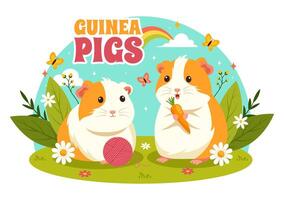 Guinea cerdo ilustración presentando varios hámster razas en verde campos en un plano linda niños dibujos animados estilo antecedentes diseño vector