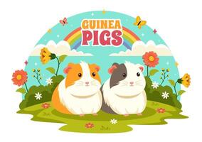 Guinea Pig Illustration Featuring Various Hamster Breeds in Green Fields in a Flat Cute kids Cartoon Style Background Design vector