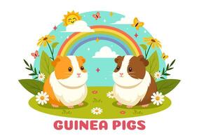 Guinea Pig Illustration Featuring Various Hamster Breeds in Green Fields in a Flat Cute kids Cartoon Style Background Design vector