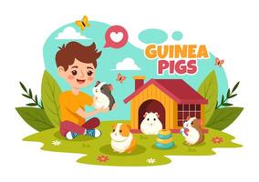 Guinea Pig Illustration Featuring Various Hamster Breeds in Green Fields in a Flat Cute kids Cartoon Style Background Design vector