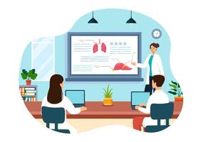 Medical School Illustration with Students Listening to a Lecture and Learning Science in a Classroom in a Flat Cartoon Style Background vector