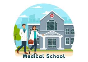 Medical School Illustration with Students Listening to a Lecture and Learning Science in a Classroom in a Flat Cartoon Style Background vector