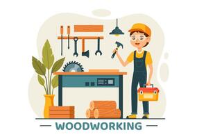 Woodworking Illustration featuring Modern Craftsmen and Workers Producing Furniture Using Tools, Presented in a Flat Cartoon Style Background vector