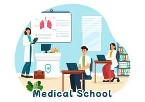 Medical School Illustration with Students Listening to a Lecture and Learning Science in a Classroom in a Flat Cartoon Style Background vector