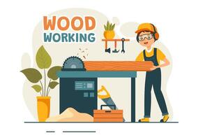 Woodworking Illustration featuring Modern Craftsmen and Workers Producing Furniture Using Tools, Presented in a Flat Cartoon Style Background vector