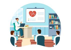 Medical School Illustration with Students Listening to a Lecture and Learning Science in a Classroom in a Flat Cartoon Style Background vector