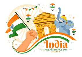 contento independencia día India ilustración en 15 agosto con el indio bandera en un nacional fiesta plano dibujos animados estilo antecedentes vector